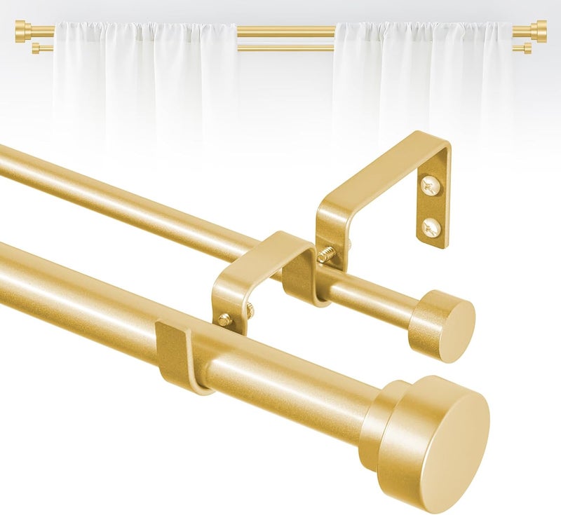 TANGWIN Gold Double Curtain Rods for windows 66 to 120:Adjustable Heavy Duty Double Curtain Rod for Bedroom Living Room,1 Inch Brass Gold Iron Moden Decorative Telescopic Dual Drapery Rod Easy Install - Image 1